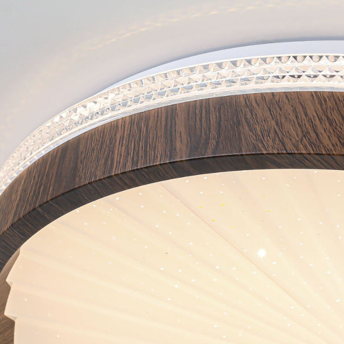 Contemporary Creative Hardware Imitation Wood Grain Pleated Acrylic Round Shade LED Flush Mount Ceiling Light For Bedroom