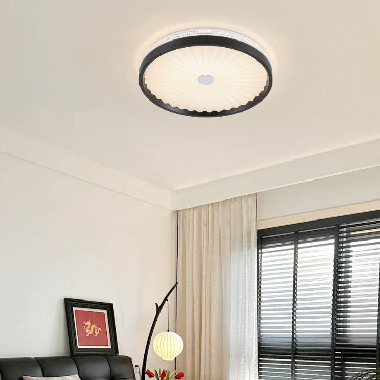 Contemporary Creative Hardware Imitation Wood Grain Pleated Acrylic Round Shade LED Flush Mount Ceiling Light For Bedroom