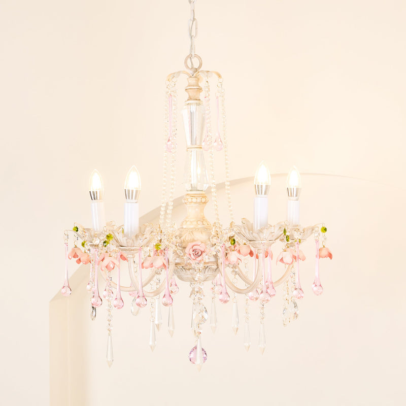 Traditional French Rose Flower Crystal Hardware Candelabra 5-Light Chandelier For Living Room