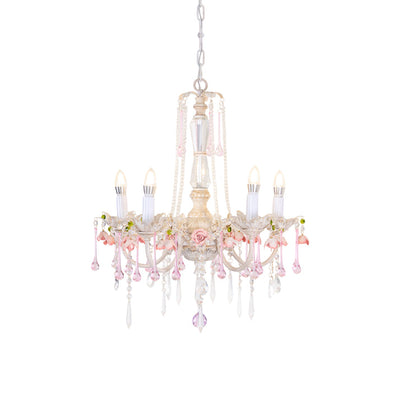 Traditional French Rose Flower Crystal Hardware Candelabra 5-Light Chandelier For Living Room