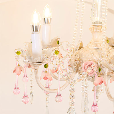 Traditional French Rose Flower Crystal Hardware Candelabra 5-Light Chandelier For Living Room