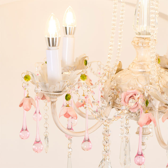 Traditional French Rose Flower Crystal Hardware Candelabra 5-Light Chandelier For Living Room