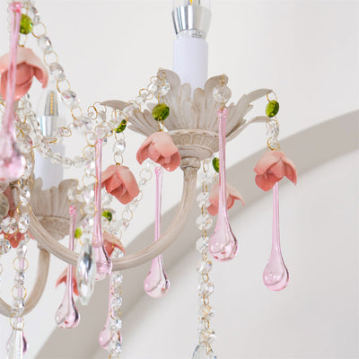 Traditional French Rose Flower Crystal Hardware Candelabra 5-Light Chandelier For Living Room