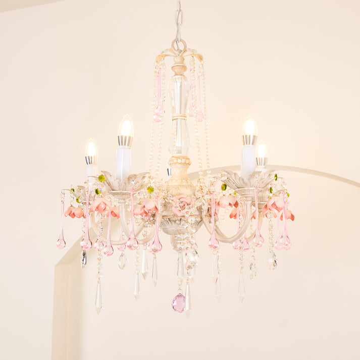 Traditional French Rose Flower Crystal Hardware Candelabra 5-Light Chandelier For Living Room