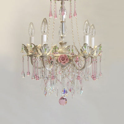 Traditional French Rose Flower Crystal Hardware Candelabra 5-Light Chandelier For Living Room