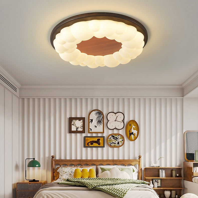 Contemporary Nordic Solid Wood Acrylic Cloud Shade LED Flush Mount Ceiling Light For Bedroom