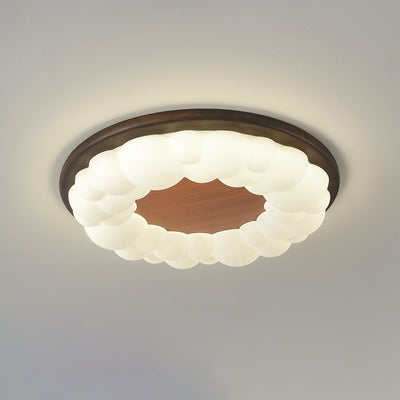 Contemporary Nordic Solid Wood Acrylic Cloud Shade LED Flush Mount Ceiling Light For Bedroom