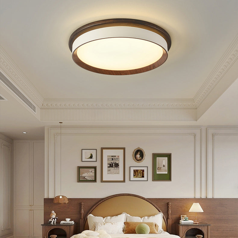 Modern Minimalist Geometric Round Acrylic Wood Grain LED Flush Mount Ceiling Light For Bedroom