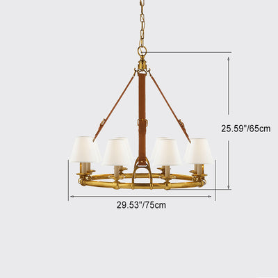 Traditional French Copper Round Frame Leather Fabric Shade 8-Light Chandelier For Bedroom