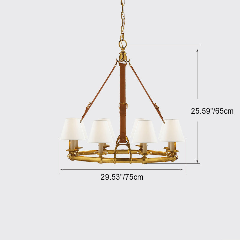 Traditional French Copper Round Frame Leather Fabric Shade 8-Light Chandelier For Bedroom