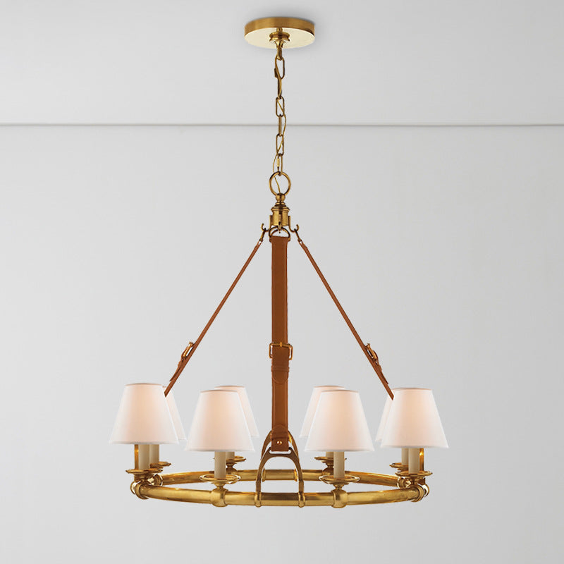 Traditional French Copper Round Frame Leather Fabric Shade 8-Light Chandelier For Bedroom