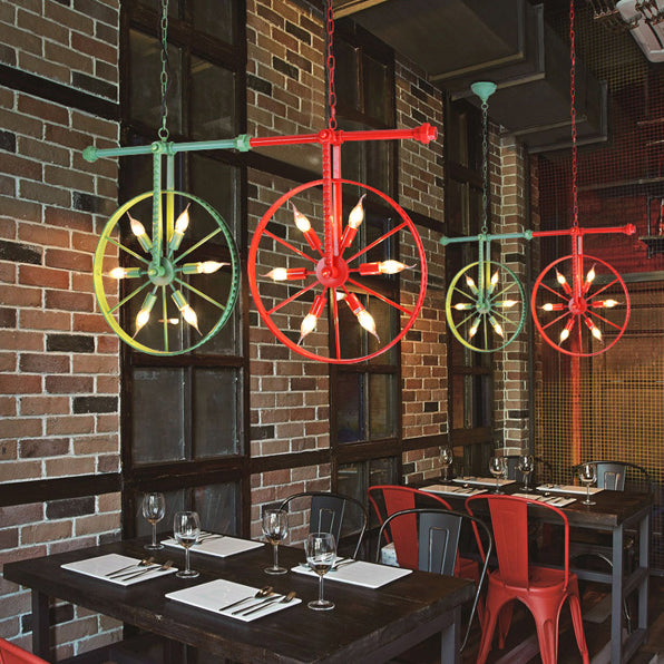 Contemporary Industrial Antique Iron Wheel Shade 6-Light Chandelier For Dining Room