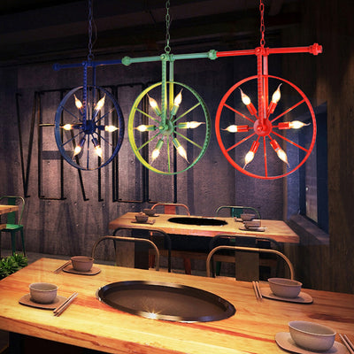 Contemporary Industrial Antique Iron Wheel Shade 6-Light Chandelier For Dining Room