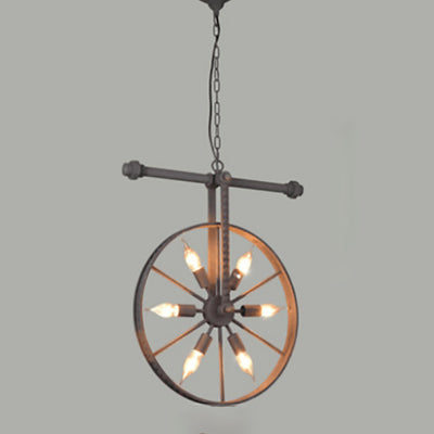 Contemporary Industrial Antique Iron Wheel Shade 6-Light Chandelier For Dining Room