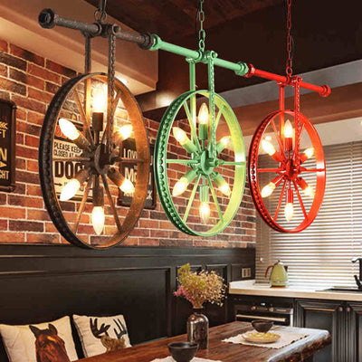 Contemporary Industrial Antique Iron Wheel Shade 6-Light Chandelier For Dining Room