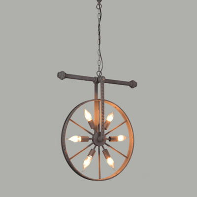 Contemporary Industrial Antique Iron Wheel Shade 6-Light Chandelier For Dining Room