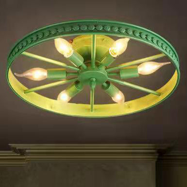 Contemporary Industrial Antique Iron Wheel Shade 6-Light Flush Mount Ceiling Light For Dining Room