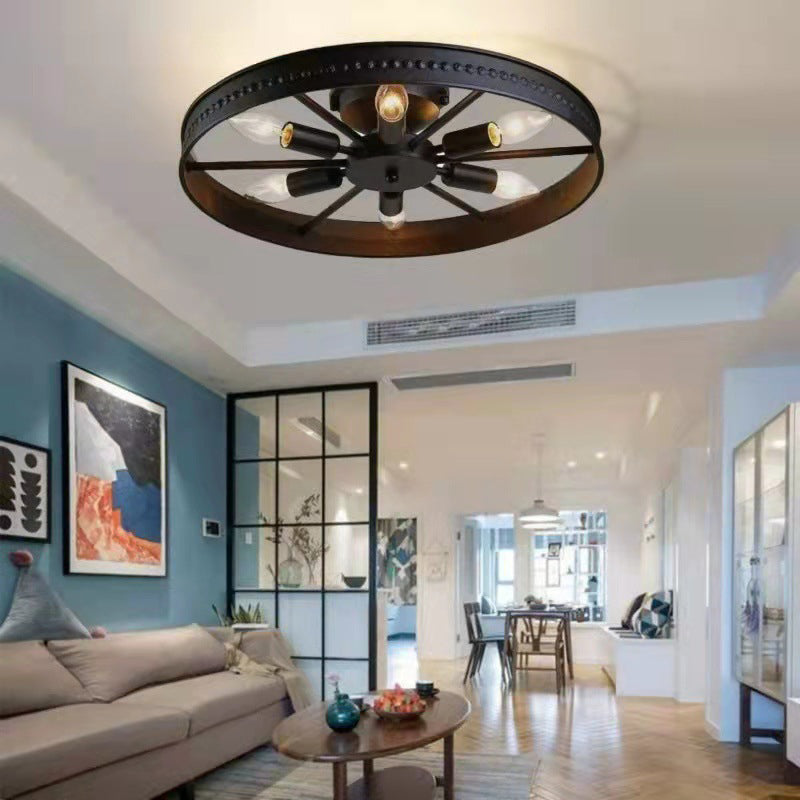 Contemporary Industrial Antique Iron Wheel Shade 6-Light Flush Mount Ceiling Light For Dining Room