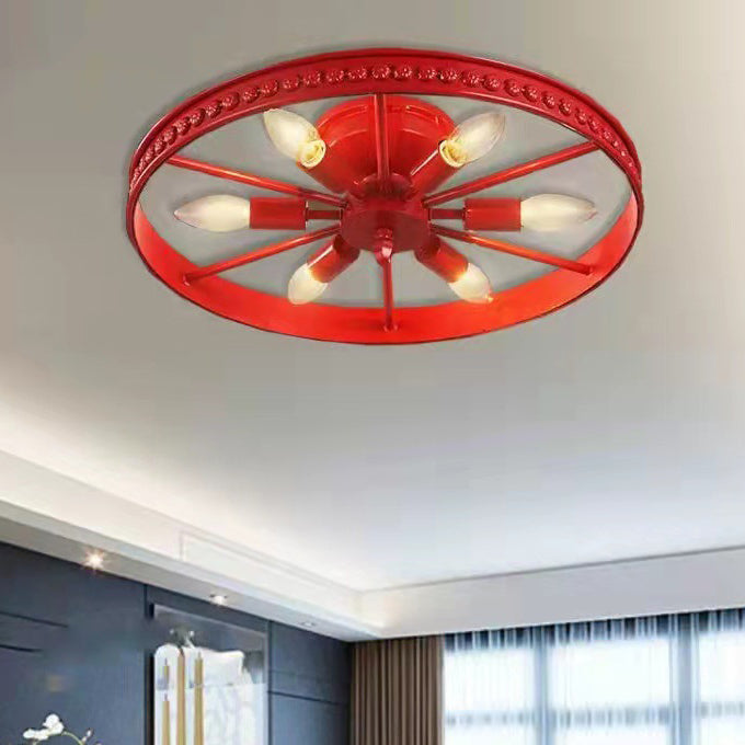 Contemporary Industrial Antique Iron Wheel Shade 6-Light Flush Mount Ceiling Light For Dining Room