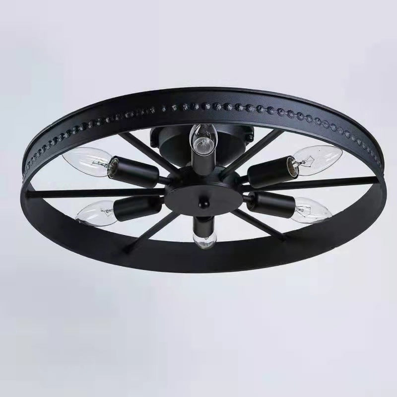 Contemporary Industrial Antique Iron Wheel Shade 6-Light Flush Mount Ceiling Light For Dining Room