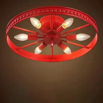 Contemporary Industrial Antique Iron Wheel Shade 6-Light Flush Mount Ceiling Light For Dining Room