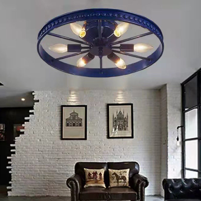 Contemporary Industrial Antique Iron Wheel Shade 6-Light Flush Mount Ceiling Light For Dining Room