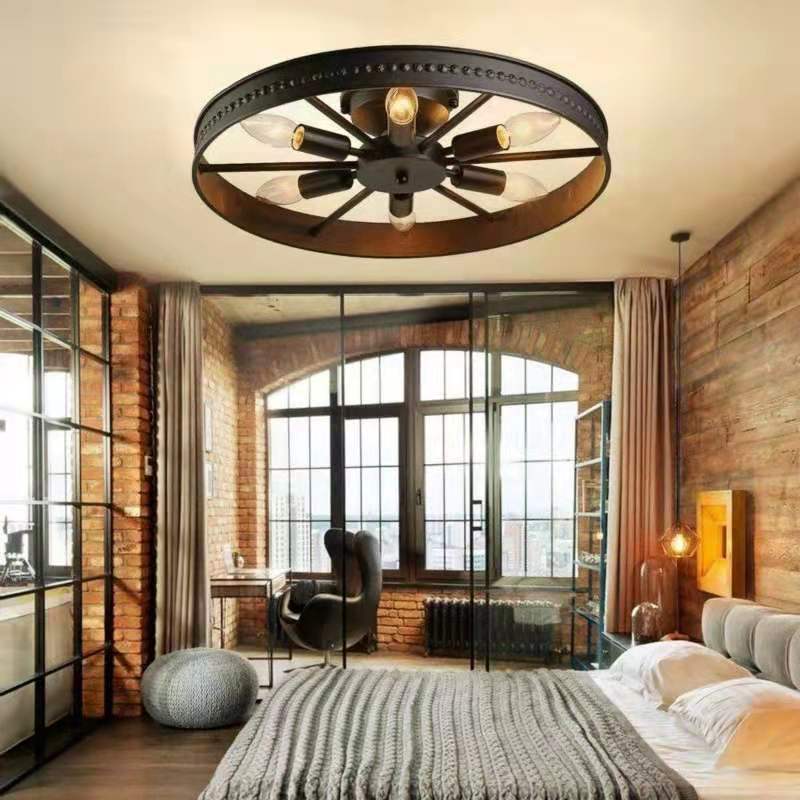 Contemporary Industrial Antique Iron Wheel Shade 6-Light Flush Mount Ceiling Light For Dining Room