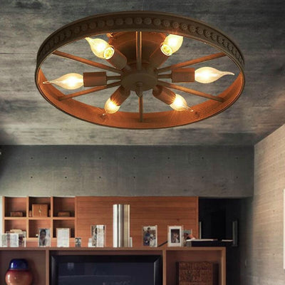 Contemporary Industrial Antique Iron Wheel Shade 6-Light Flush Mount Ceiling Light For Dining Room