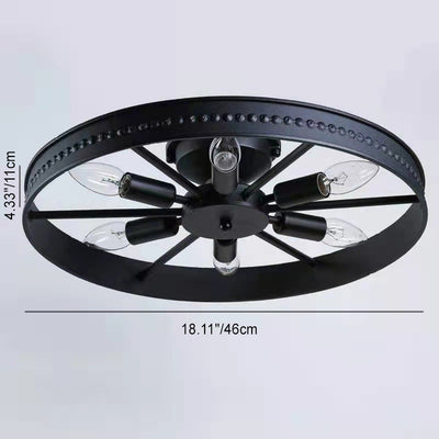 Contemporary Industrial Antique Iron Wheel Shade 6-Light Flush Mount Ceiling Light For Dining Room