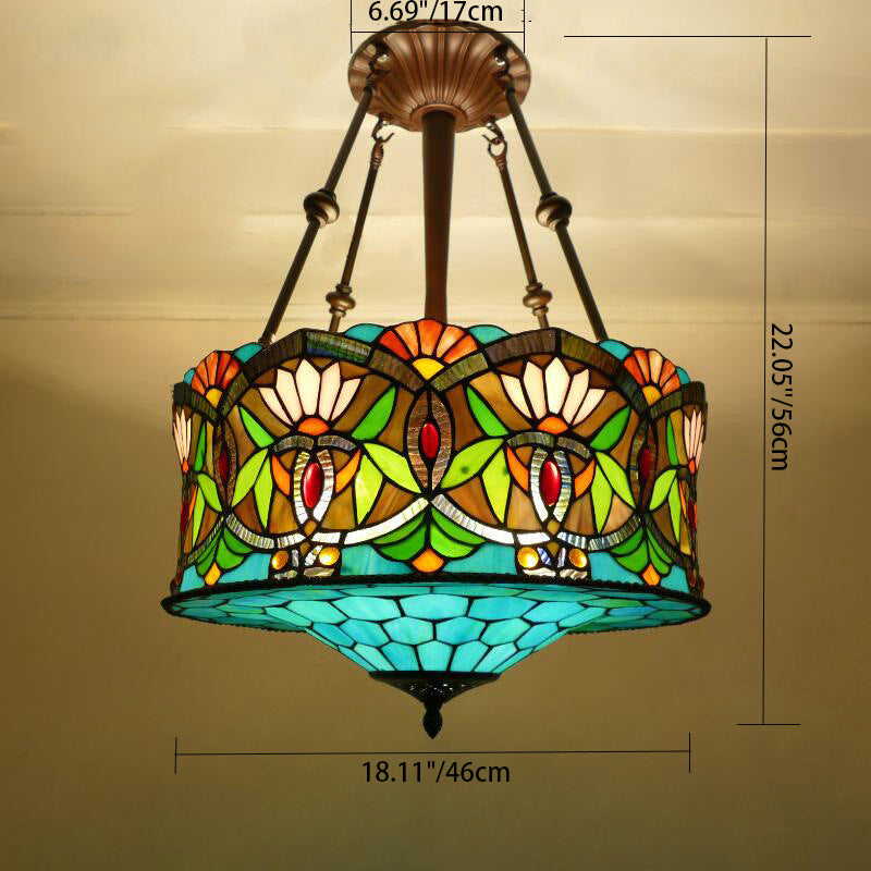 Traditional Tiffany Lotus Flower Pattern Stained Glass Cylinder Shade Iron 3-Light Chandelier For Living Room