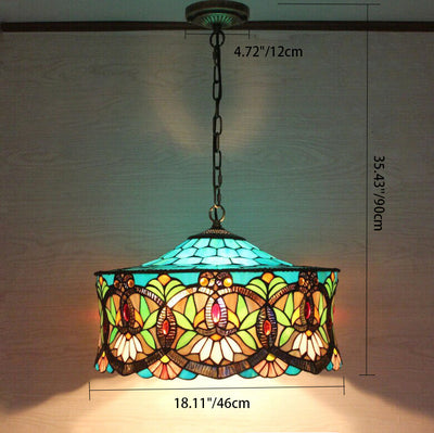 Traditional Tiffany Lotus Flower Pattern Stained Glass Cylinder Shade Iron 3-Light Chandelier For Living Room