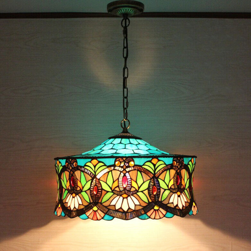 Traditional Tiffany Lotus Flower Pattern Stained Glass Cylinder Shade Iron 3-Light Chandelier For Living Room