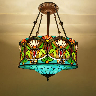 Traditional Tiffany Lotus Flower Pattern Stained Glass Cylinder Shade Iron 3-Light Chandelier For Living Room