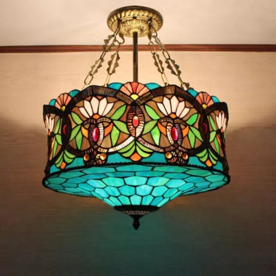 Traditional Tiffany Lotus Flower Pattern Stained Glass Cylinder Shade Iron 3-Light Chandelier For Living Room