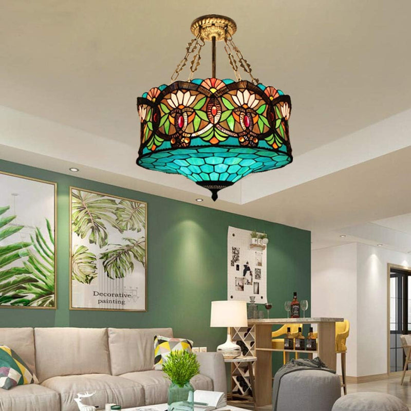 Traditional Tiffany Lotus Flower Pattern Stained Glass Cylinder Shade Iron 3-Light Chandelier For Living Room