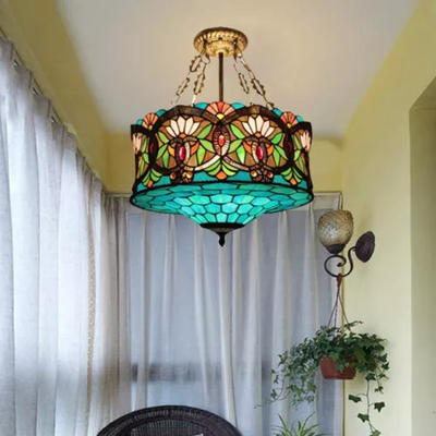 Traditional Tiffany Lotus Flower Pattern Stained Glass Cylinder Shade Iron 3-Light Chandelier For Living Room