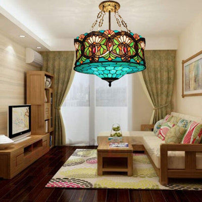 Traditional Tiffany Lotus Flower Pattern Stained Glass Cylinder Shade Iron 3-Light Chandelier For Living Room