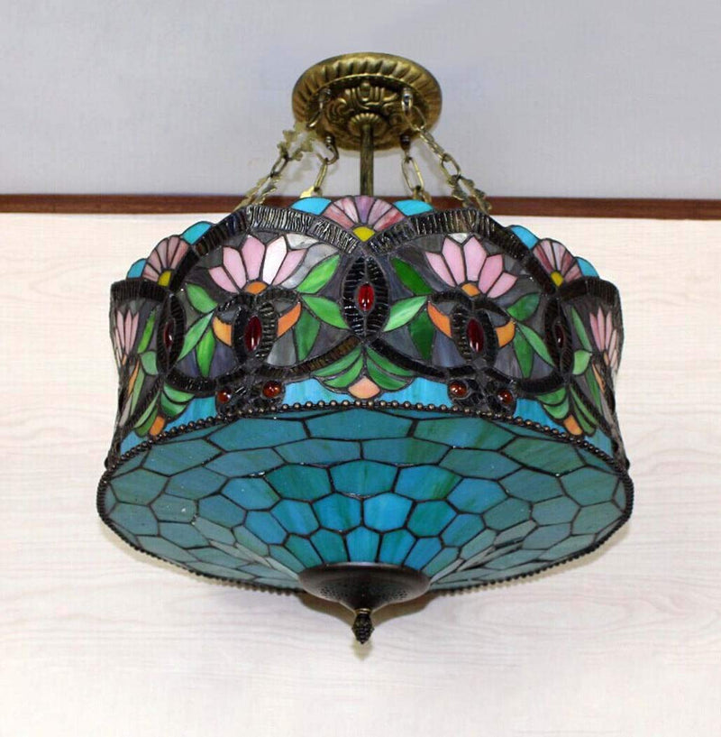 Traditional Tiffany Lotus Flower Pattern Stained Glass Cylinder Shade Iron 3-Light Chandelier For Living Room