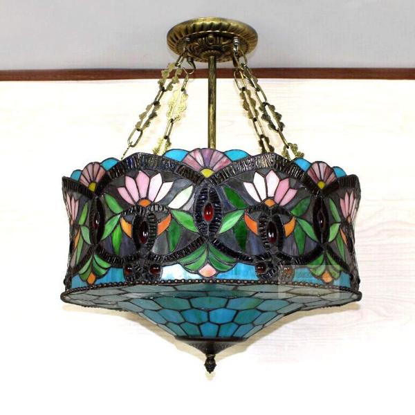 Traditional Tiffany Lotus Flower Pattern Stained Glass Cylinder Shade Iron 3-Light Chandelier For Living Room