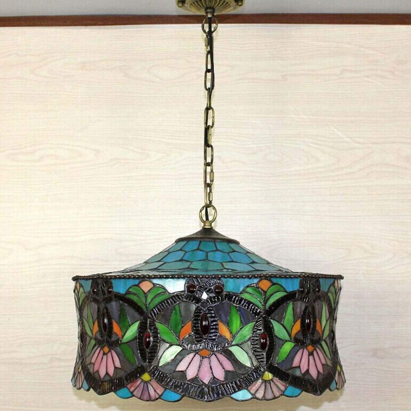 Traditional Tiffany Lotus Flower Pattern Stained Glass Cylinder Shade Iron 3-Light Chandelier For Living Room