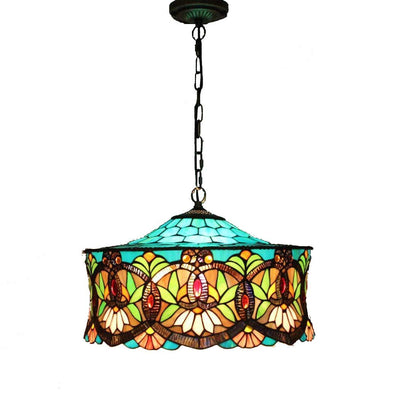 Traditional Tiffany Lotus Flower Pattern Stained Glass Cylinder Shade Iron 3-Light Chandelier For Living Room