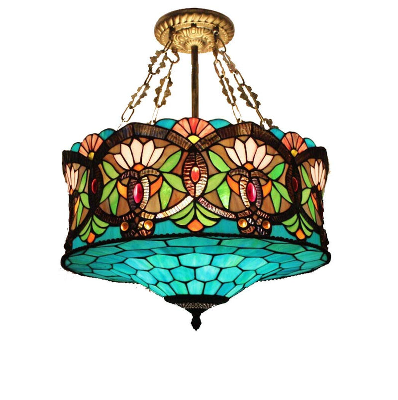 Traditional Tiffany Lotus Flower Pattern Stained Glass Cylinder Shade Iron 3-Light Chandelier For Living Room