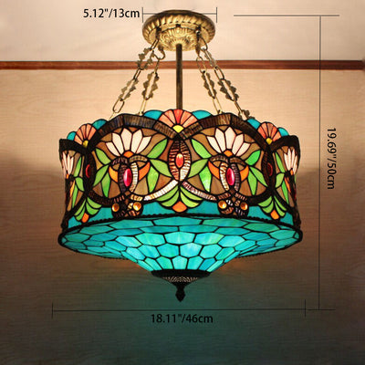 Traditional Tiffany Lotus Flower Pattern Stained Glass Cylinder Shade Iron 3-Light Chandelier For Living Room