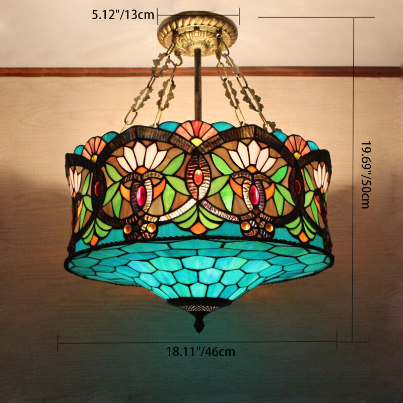 Traditional Tiffany Lotus Flower Pattern Stained Glass Cylinder Shade Iron 3-Light Chandelier For Living Room