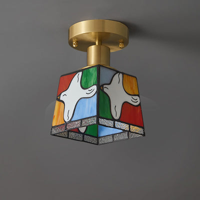 Traditional Tiffany Square Stained Glass Pigeon 1-Light Semi-Flush Mount Ceiling Light For Hallway