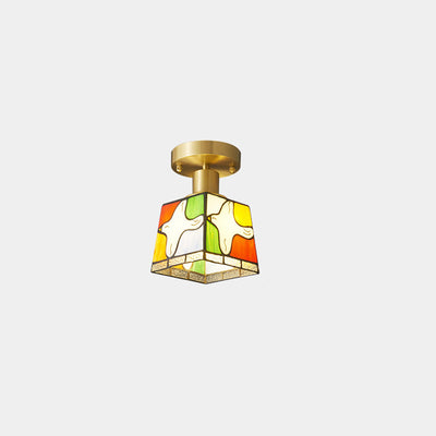 Traditional Tiffany Square Stained Glass Pigeon 1-Light Semi-Flush Mount Ceiling Light For Hallway