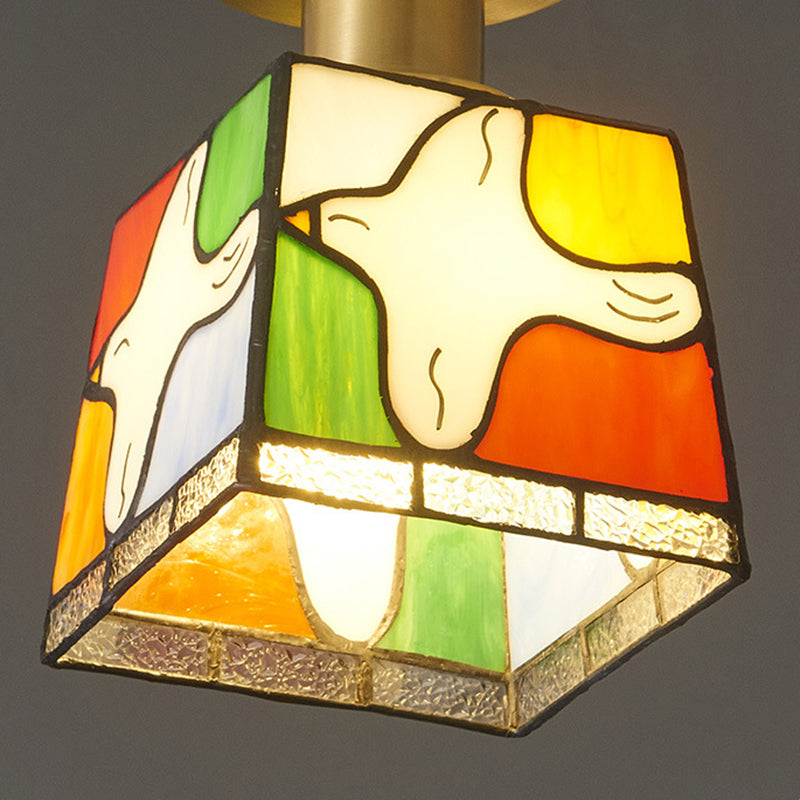 Traditional Tiffany Square Stained Glass Pigeon 1-Light Semi-Flush Mount Ceiling Light For Hallway