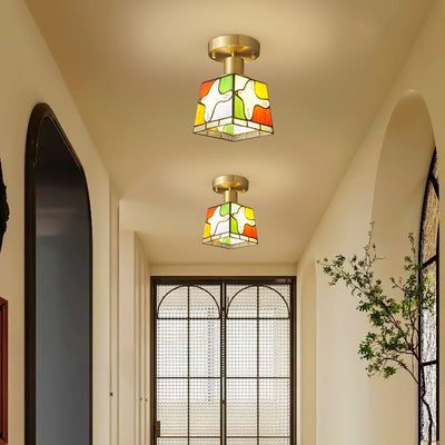 Traditional Tiffany Square Stained Glass Pigeon 1-Light Semi-Flush Mount Ceiling Light For Hallway