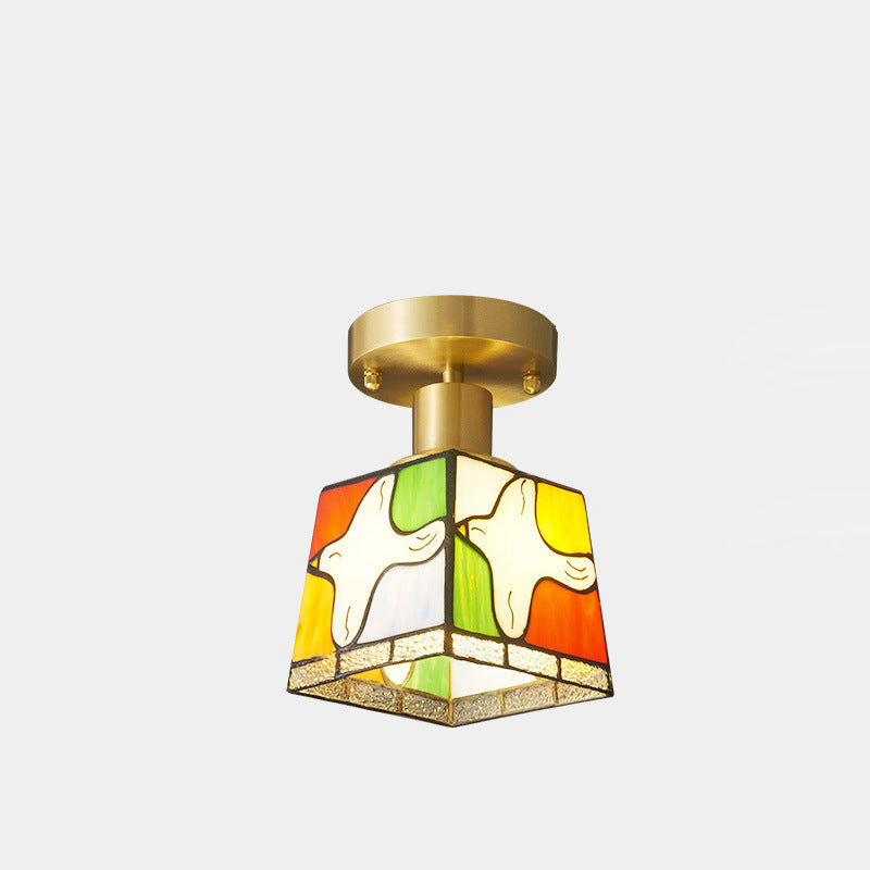 Traditional Tiffany Square Stained Glass Pigeon 1-Light Semi-Flush Mount Ceiling Light For Hallway