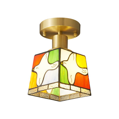 Traditional Tiffany Square Stained Glass Pigeon 1-Light Semi-Flush Mount Ceiling Light For Hallway